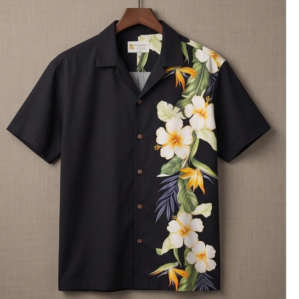 Vintage Paradise Found Mens‎ XL Hawaiian Shirt Black Hibiscus Cotton 90s Y2K